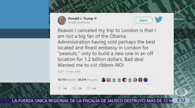 Trump cancela la visita prevista este año a Londres