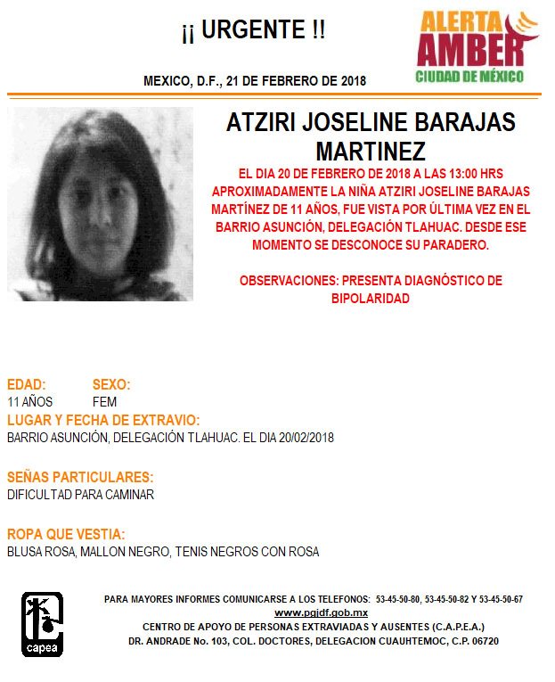 Activan Alerta Ámber para localizar a Atziri Joseline Barajas Martínez