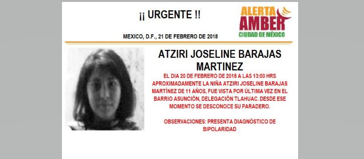 Activan Alerta Ámber para localizar a menor extraviada en Tláhuac