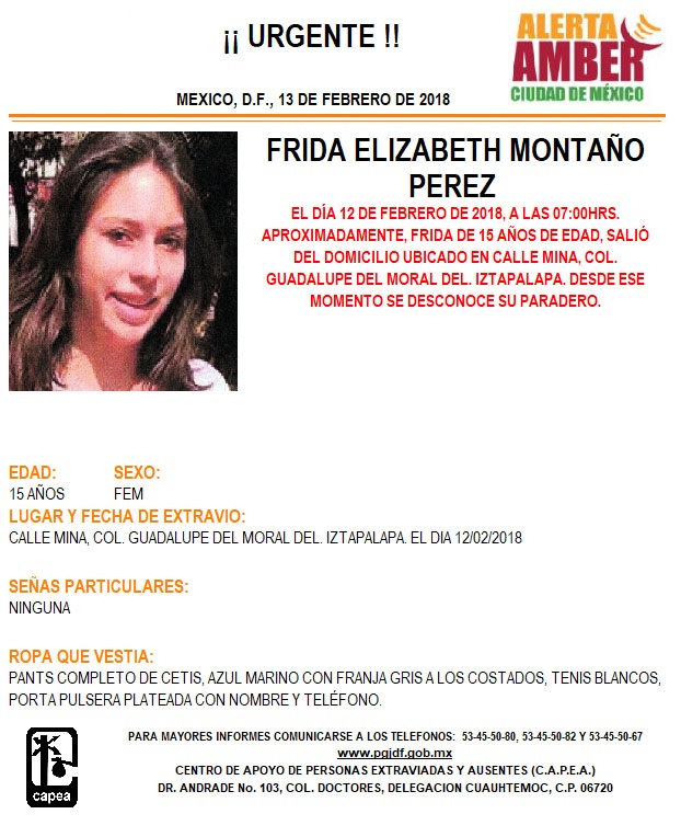 Alerta Ámber para localizar a Frida Elizabeth Montaño