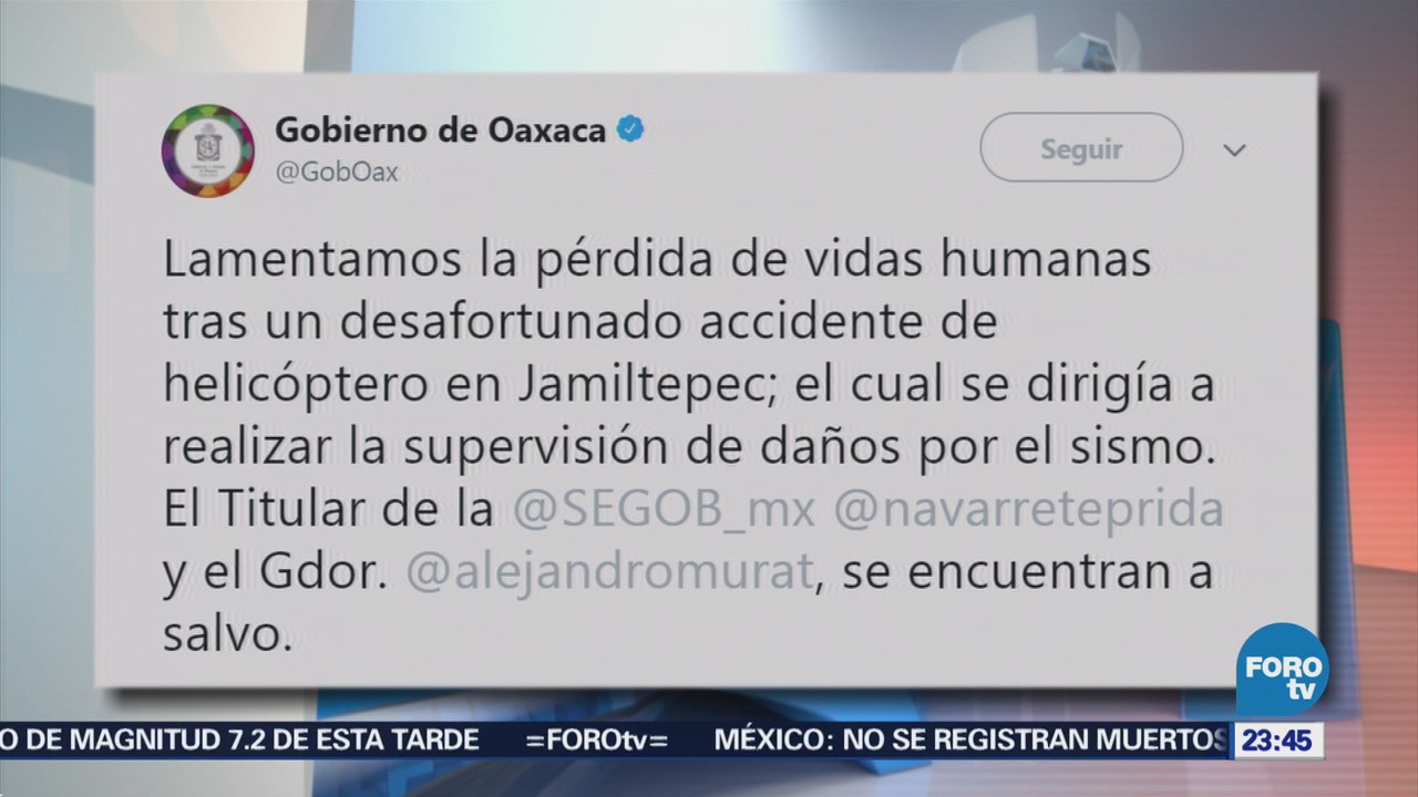 Gobierno de Oaxaca lamenta la muerte de dos personas tras desplome de helicóptero