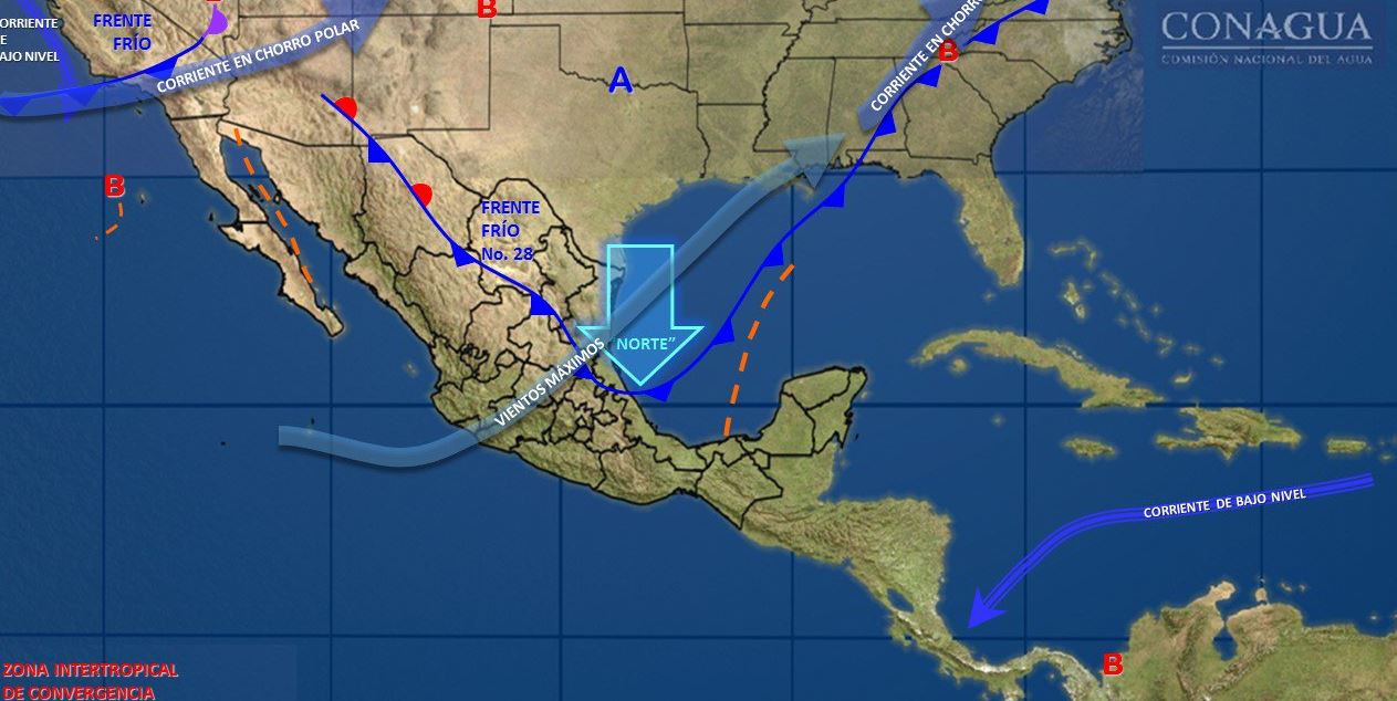 Frente frío 28 provocará lluvias en oriente y sureste de México