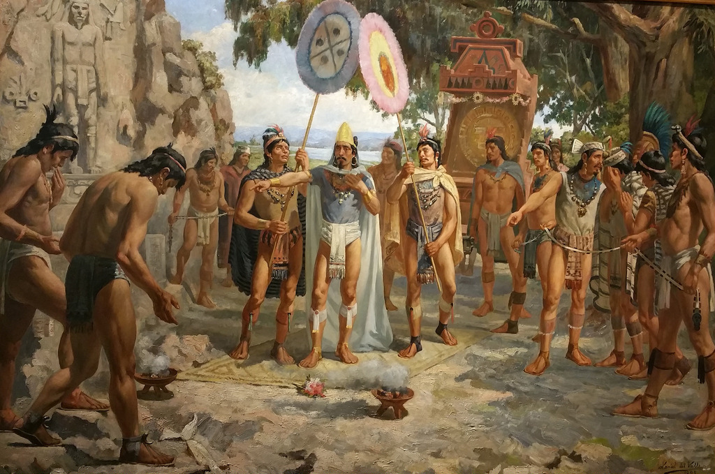 Pintura-emperador-azteca-moctezuma-por-espanoles-durante-la-conquista-de-mexico