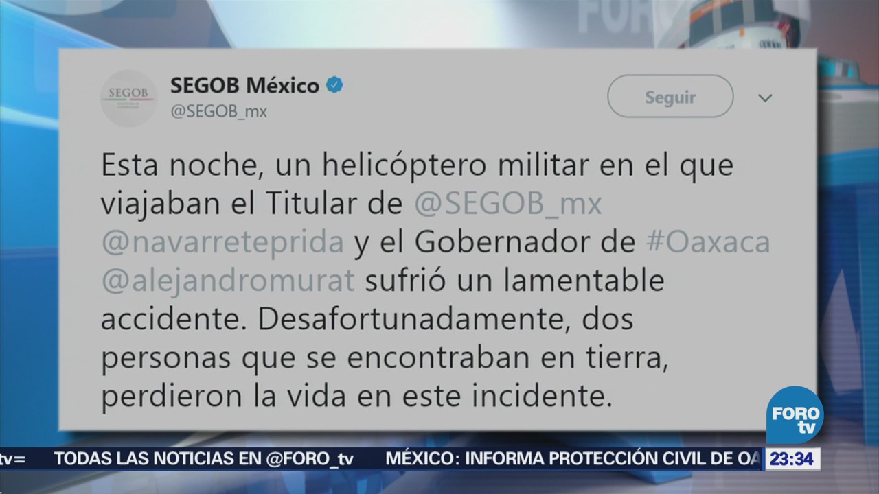 Segob confirma la muerte de dos personas por desplome de helicóptero en Oaxaca