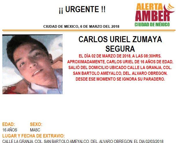 Alerta Ámber para localizar a Carlos Uriel Zumaya Segura desaparecido en CDMX