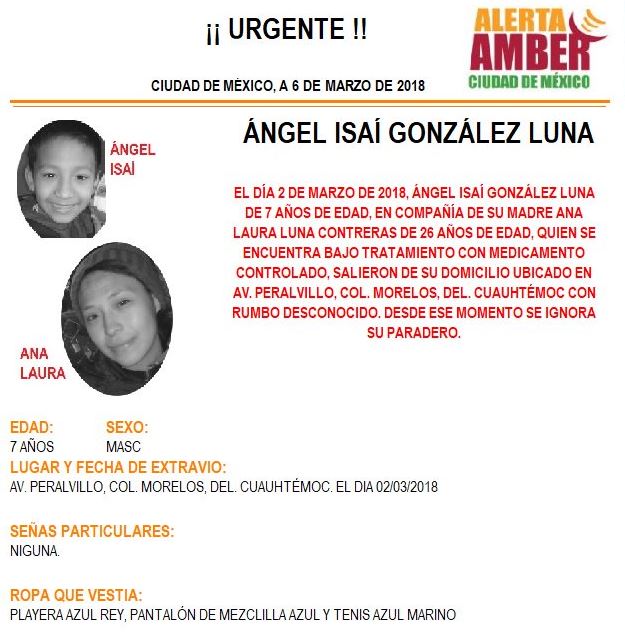 Activan Alerta Amber para localizar a madre e hijo extraviados en la Cuauhtémoc