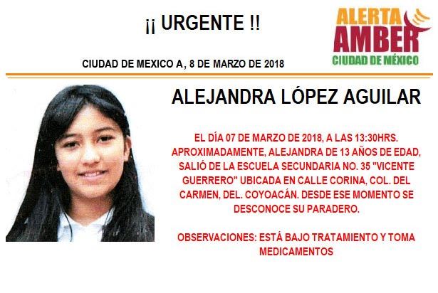 Alerta Ámber para localizar a Alejandra López Aguilar desaparecida en Coyoacán. (Twitter/ @PGJDF_CDMX)