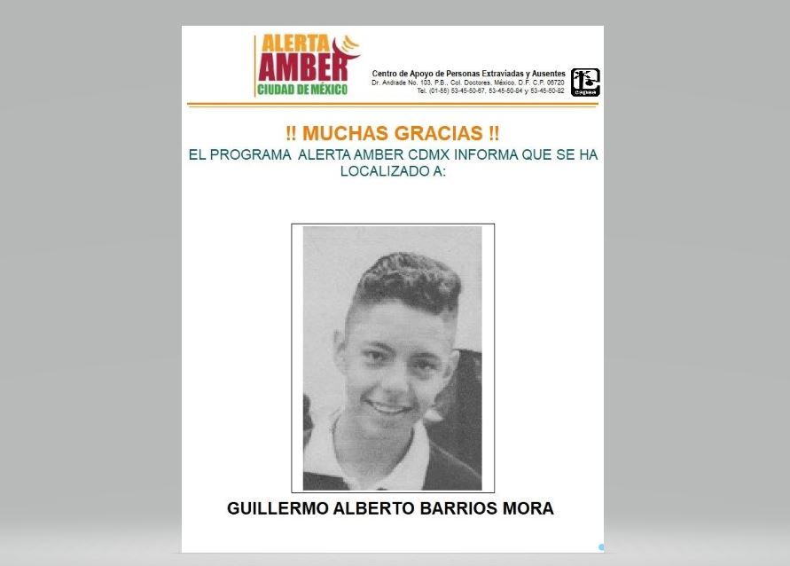 Desactivan Alerta Ámber para localizar a Guillermo Alberto Barrios Mora