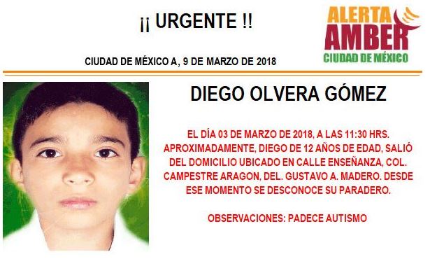 Activan Alerta Ámber para localizar a Diego Olvera en Gustavo A. Madero. (Twitter/@PGJDF_CDMX)