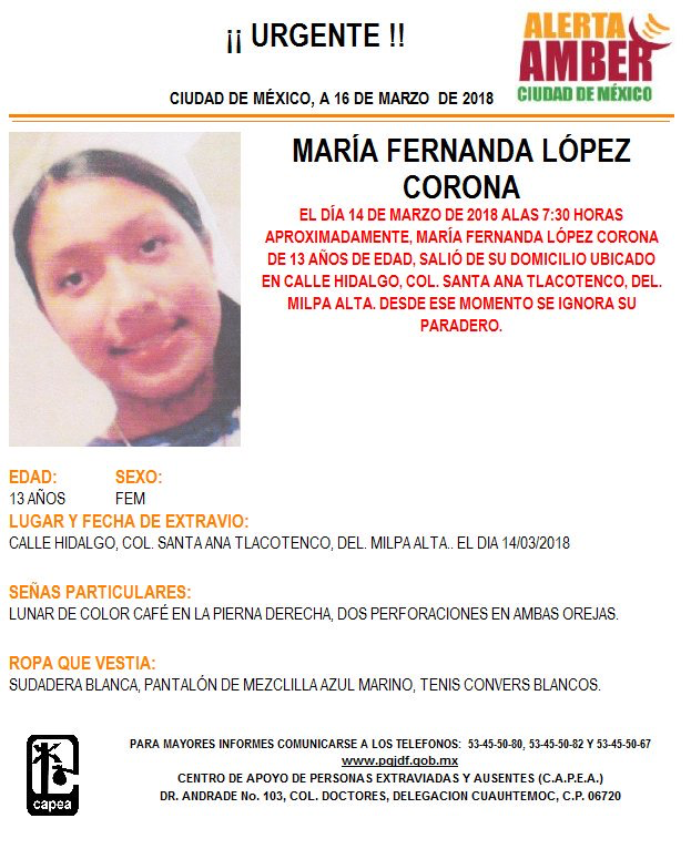 Alerta Ámber para localizar a María Fernanda López Corona