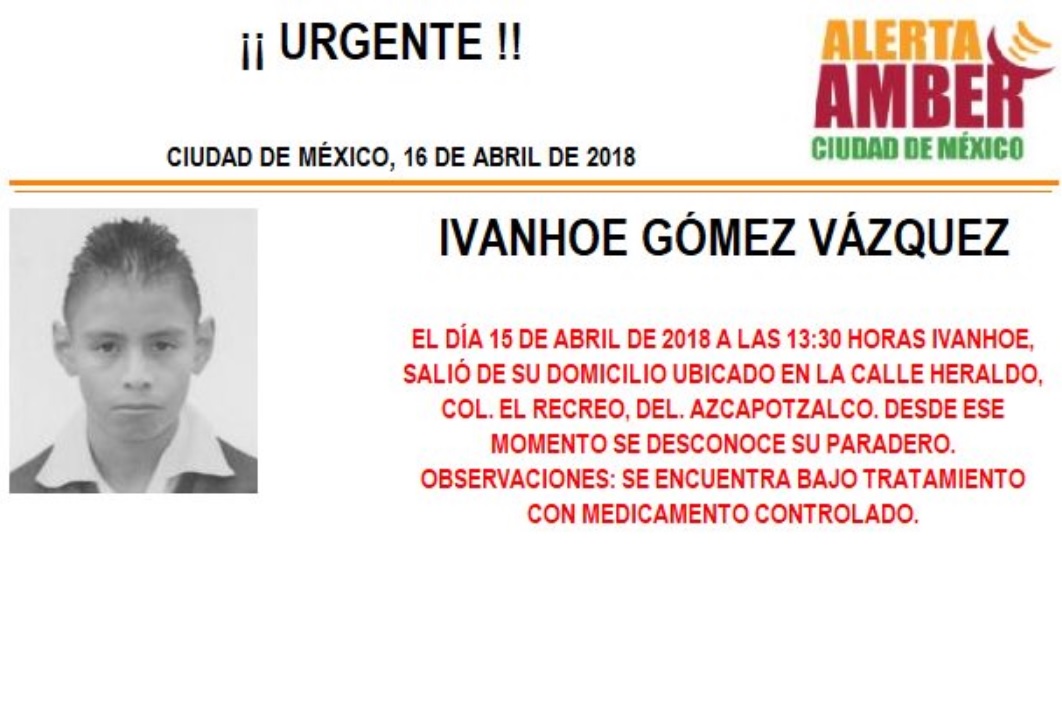 Activan Alerta Amber para localizar a menor extraviado en Azcapotzalco