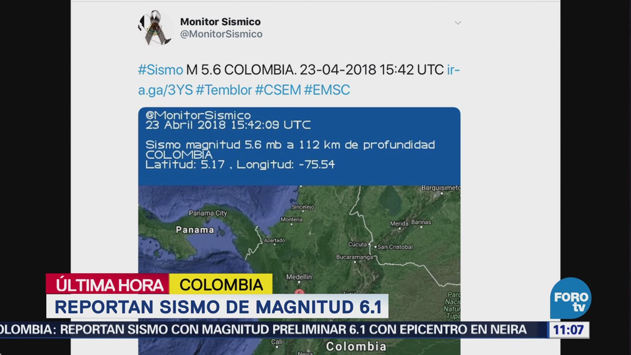Se registra sismo de magnitud 6.1 en Colombia
