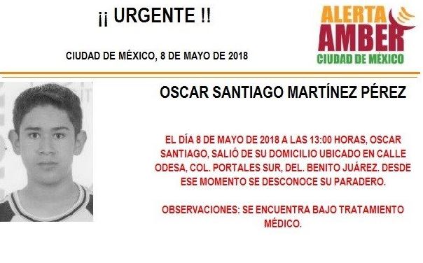 Activan Alerta Amber para localizar a Oscar Santiago Martínez, desaparecido en CDMX