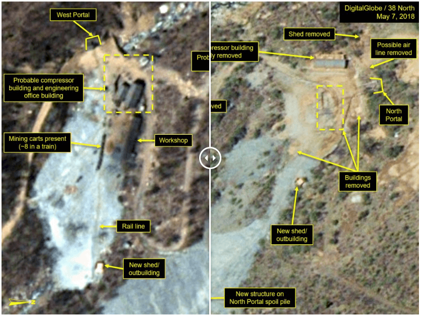 Comparativo antes y después muestra el desmantelamiento de instalaciones nucleares en Corea del Norte. (https://www.38north.org)