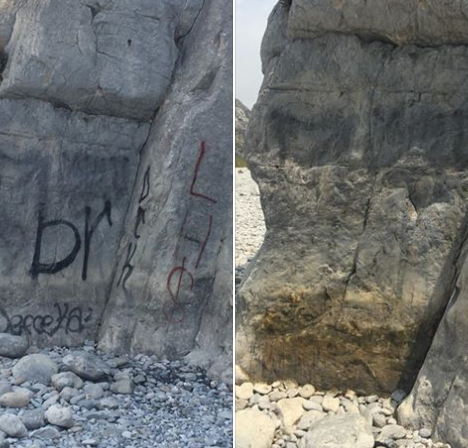 Estudiantes de prepa de la Huasteca limpian graffitis de las montañas