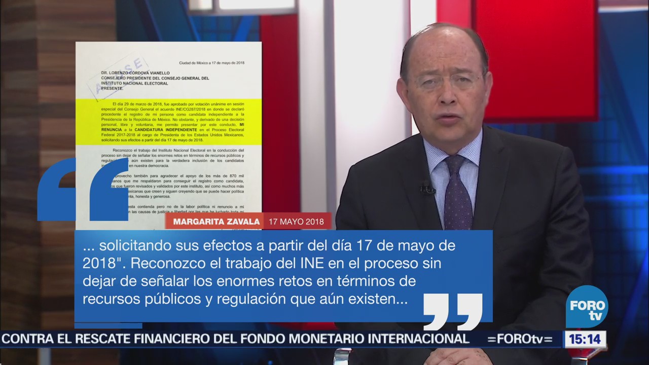 INE recibe carta de renuncia a la contienda electoral de Margarita Zavala