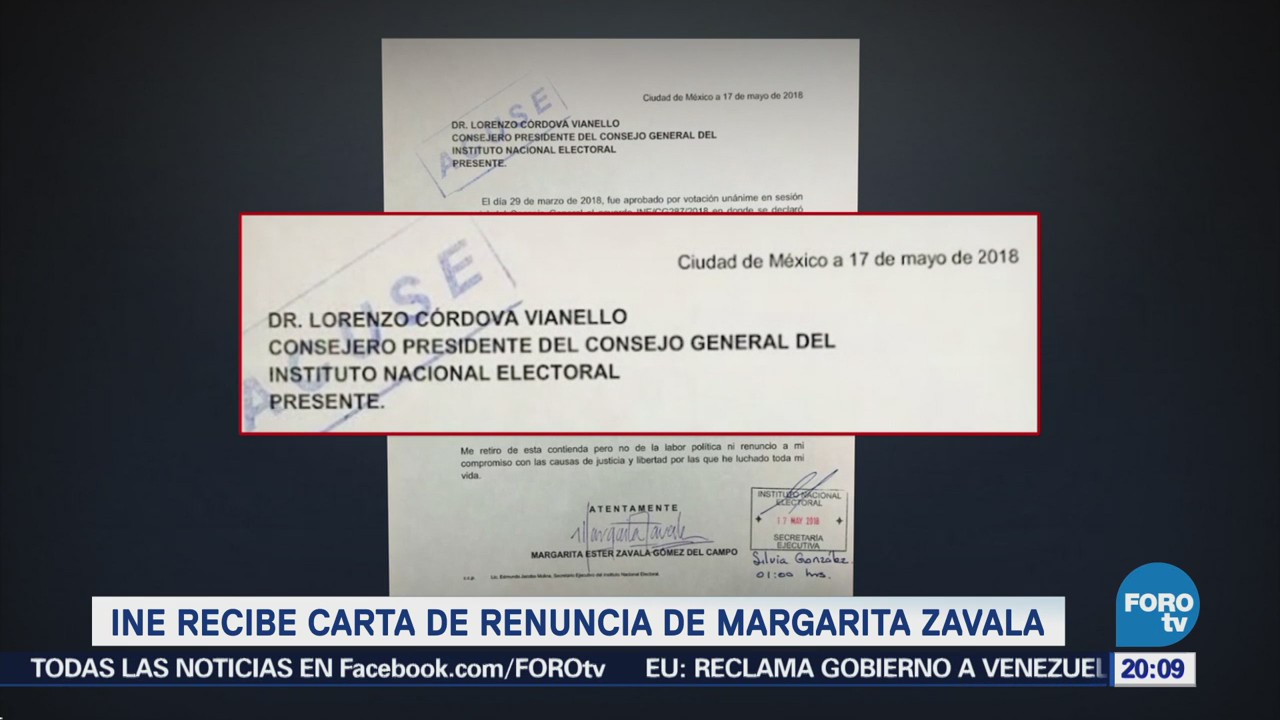 INE Recibe Carta Renuncia Margarita Zavala