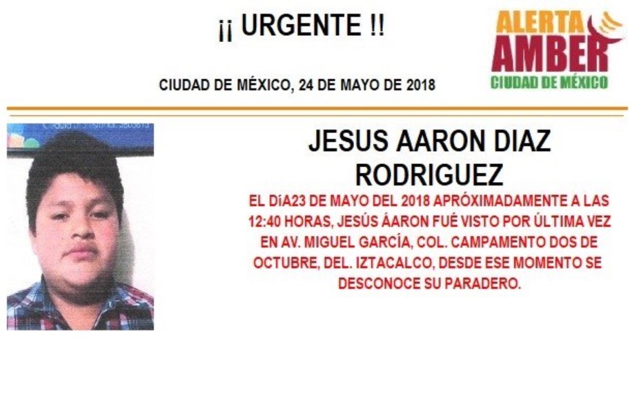 Alerta Amber para localizar Jesús Aarón Díaz Rodríguez
