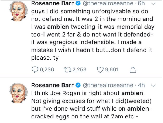Roseanne Barr culpa a somníferos por tuit racista