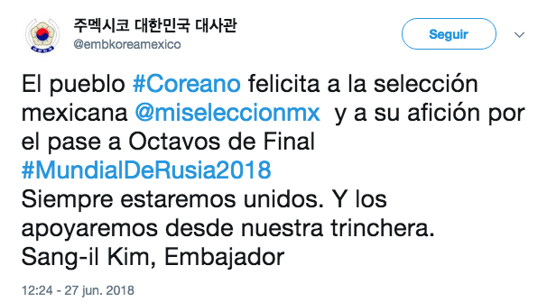 Corea del Sur manda mensajes de felicitación a los mexicanos