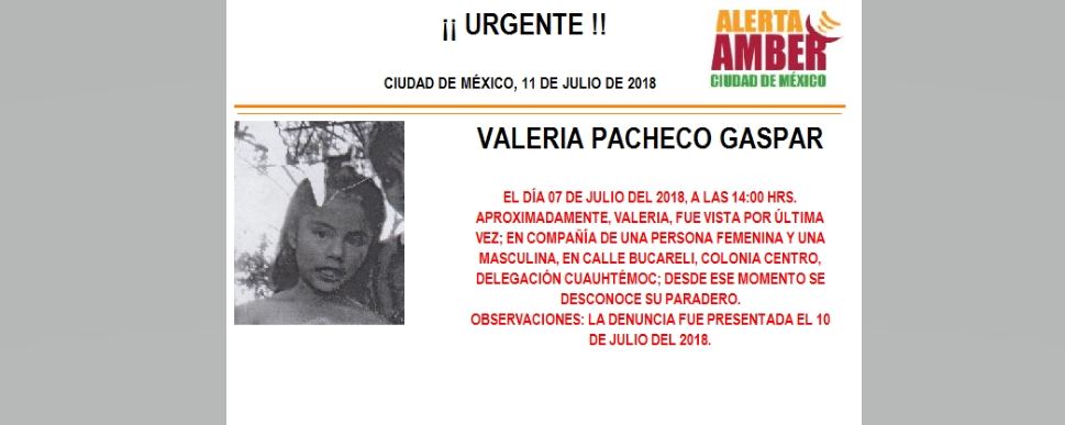 Activan Alerta Ámber para Valeria Pacheco Gaspar