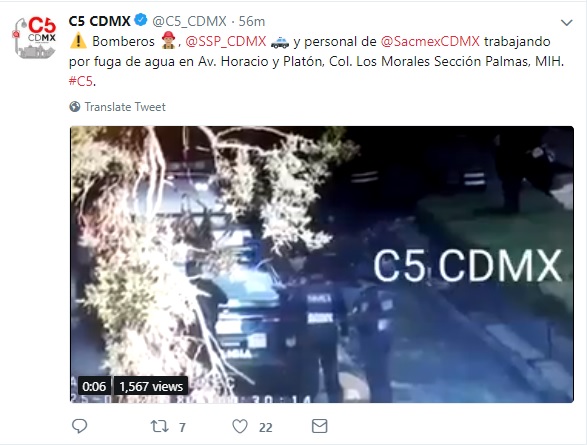 C5 de la CDMX alerta de fuga de agua en Polanco