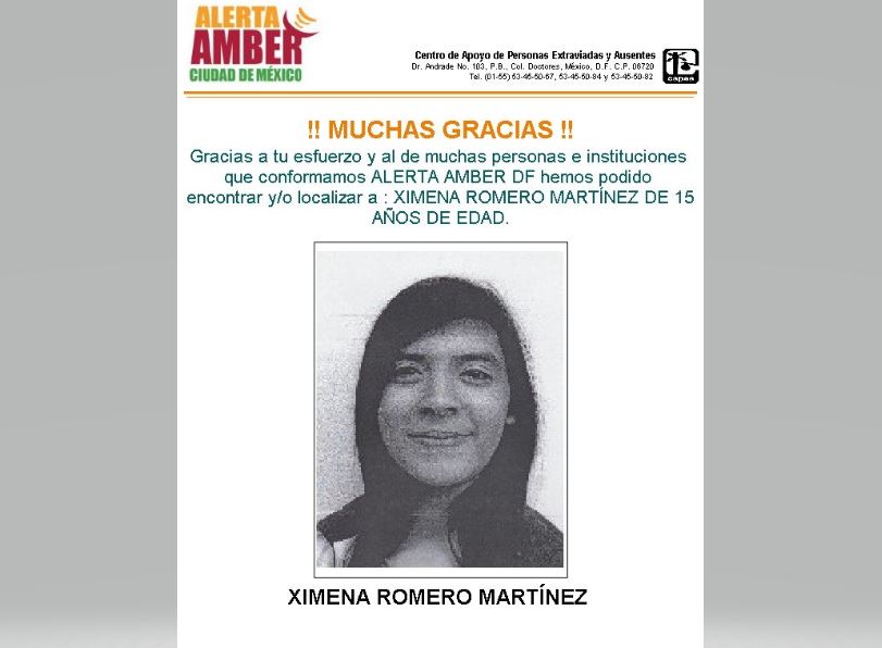 Desactivan Alerta Amber para localizar a Ximena Romero Martínez