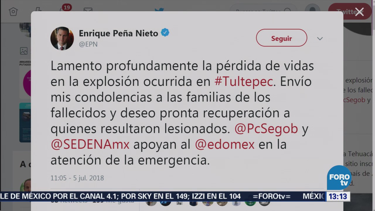 Peña Nieto lamenta accidente en Tultepec, que deja varios muertos