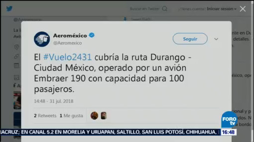Vuelo Comercial Durango Dirigía Cdmx Aeroméxico
