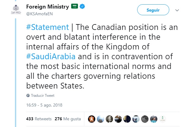 Arabia Saudita expulsa al embajador de Canadá por criticas