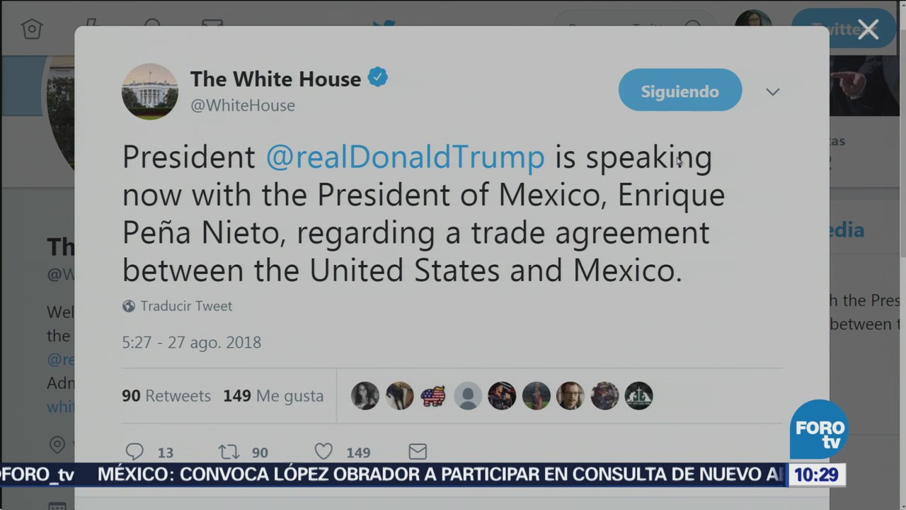 Casa Blanca anuncia plática de Trump con Peña Nieto sobre TLCAN