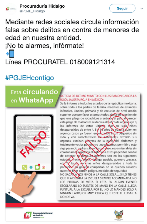 Linchamientos Mensaje Falso Procuraduría General Hidalgo WhatsApp