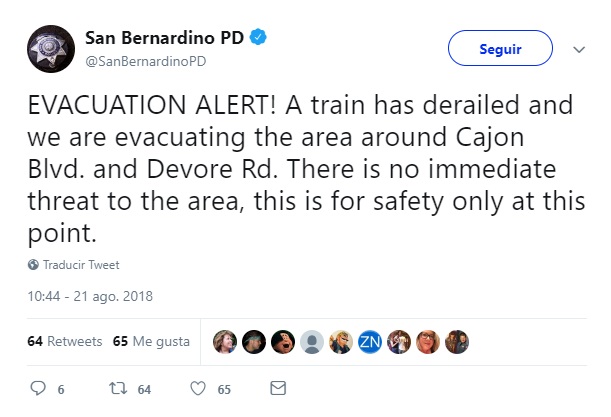 Tren cisterna descarrila en San Bernardino, California