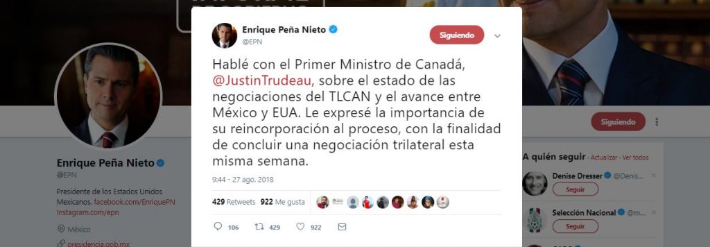 EPN habla con Justin Trudeau.