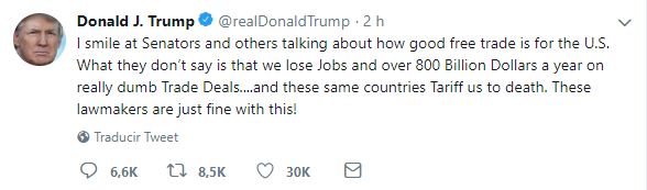 Libre comercio quita empleos y billones de dólares a EU Trump (Tweet)