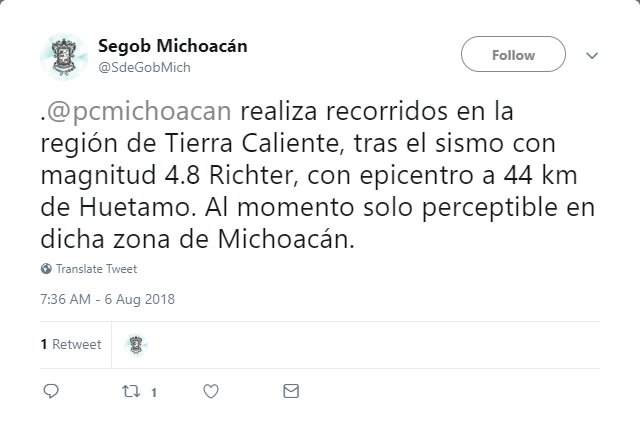 Sismo en Huetamo, Michoacán, alcanza magnitud