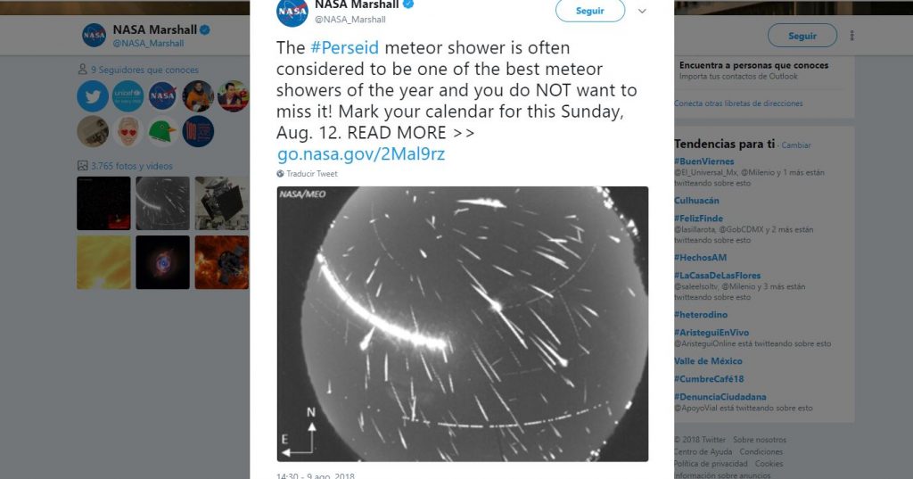 NASA informa sobre la lluvia de estrellas Perseidas