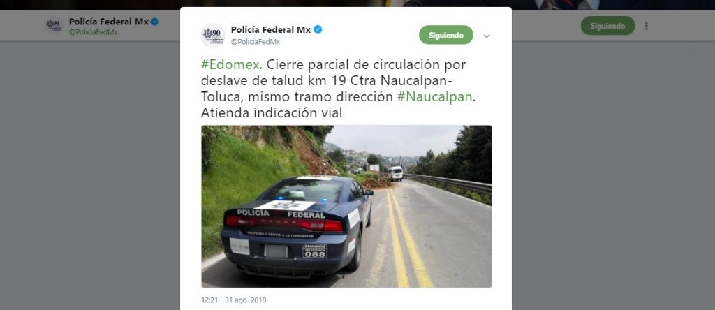 Ocurre deslave en la carretera Naucalpan-Toluca