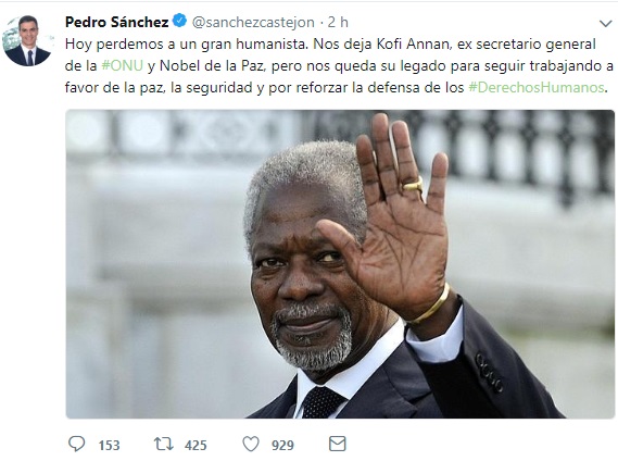 Presidentes del mundo lamentan muerte de Kofi Annan