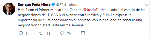 Enrique Peña Nieto estableció que habló con Justin Trudeau sobre las negociaciones del TLCAN