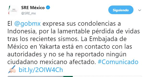 Gobierno de México expresa condolencias a Indonesia por sismos