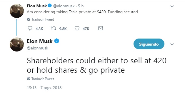 Elon Musk considera retirar Tesla bolsa Nueva York