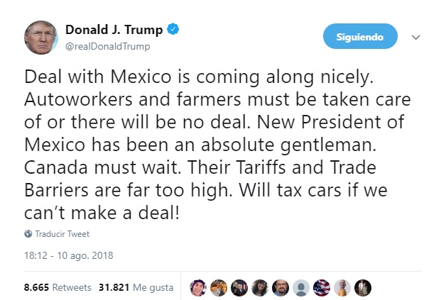 Trump destaca negociación con México sobre el TLCAN