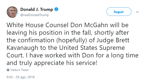 Trump anunció en Twitter que Don McGahn dejará su puesto. (@realDonaldTrump)