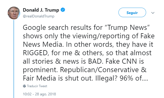 Trump tuiteó contra Google. (@realDonaldTrump)