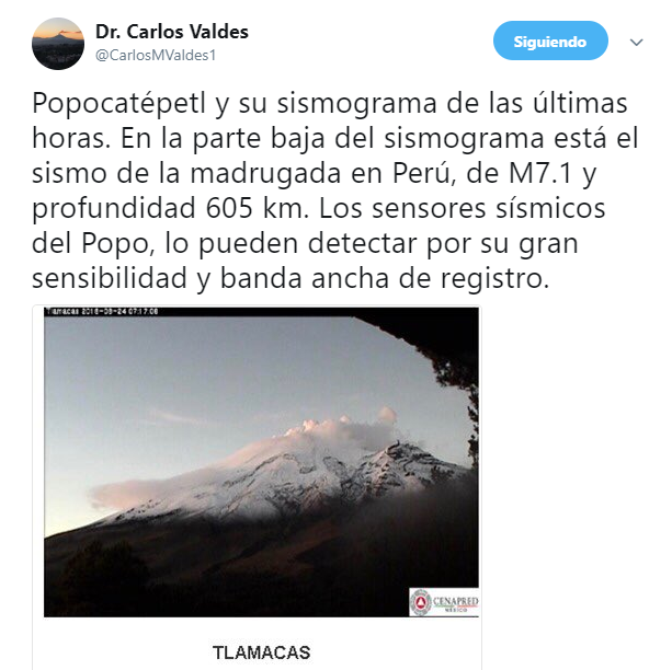 Sismo en Perú fue detectado por sensores del Popocatépetl 