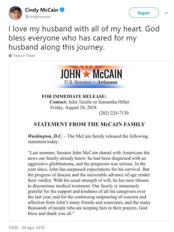 John McCain suspende tratamiento de cáncer cerebral