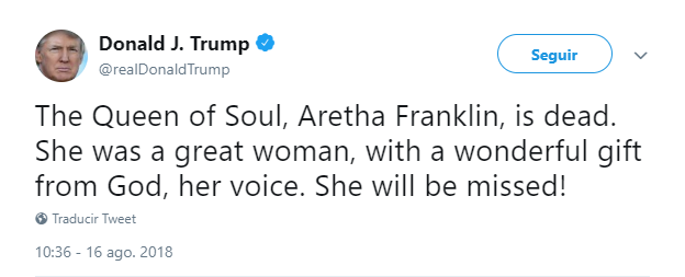 Tuit de Donald Trump sobre Aretha Franklin. (@realDonaldTrump)