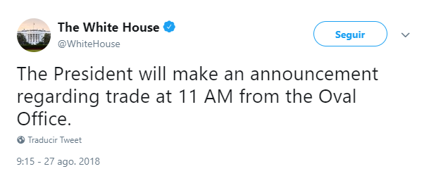 Tuit de la Casa Blanca anunciando mensaje del presidente. (@WhiteHouse)