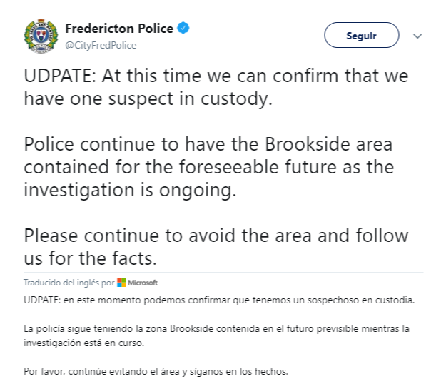 La Policía de Fredericton publicó un tuit informando sobre los hechos. (@CityFredPolice)